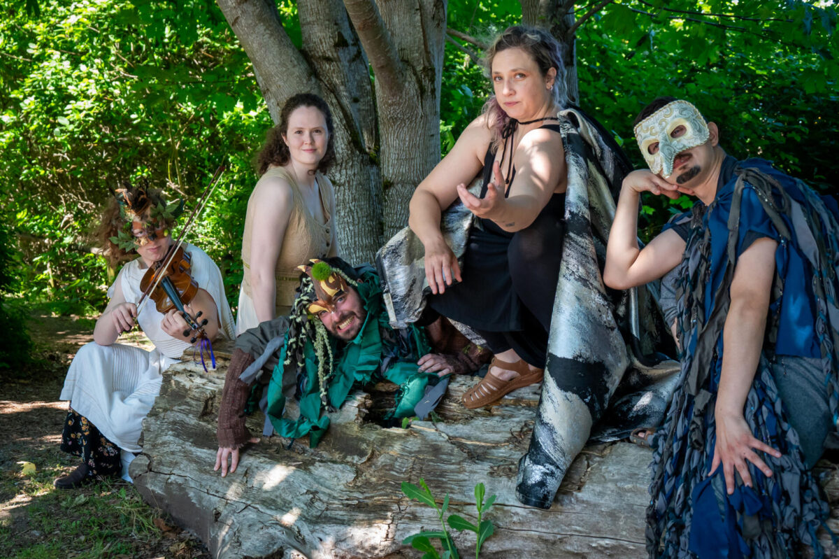 Backyard Bard Cast 2026. Paige Cooley, Aubrey Sara Kaye, Matthew Fisher, Mandy Nelson, and Bryce Publow. Photo by Ken Holmes.