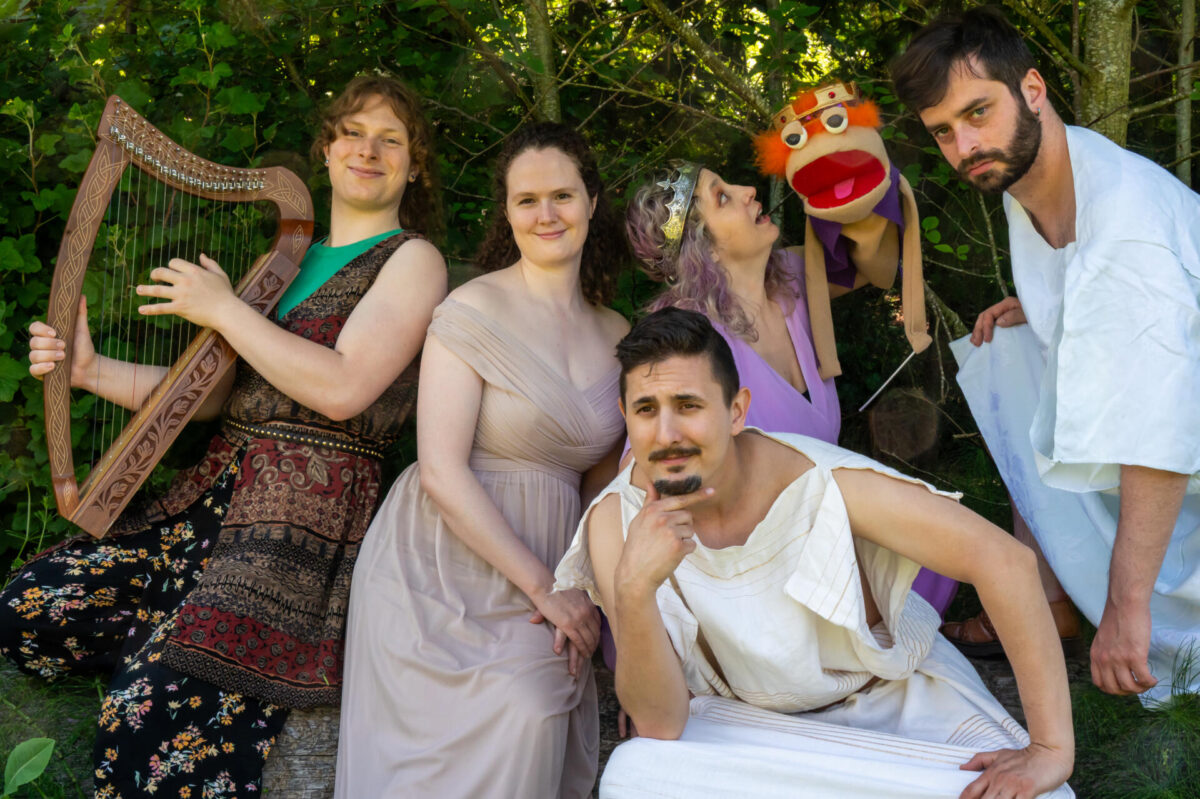 Backyard Bard Cast 2026. Paige Cooley, Aubrey Sara Kaye, Bryce Publow, Mandy Nelson, and Matthew Fisher Photo by Ken Holmes.