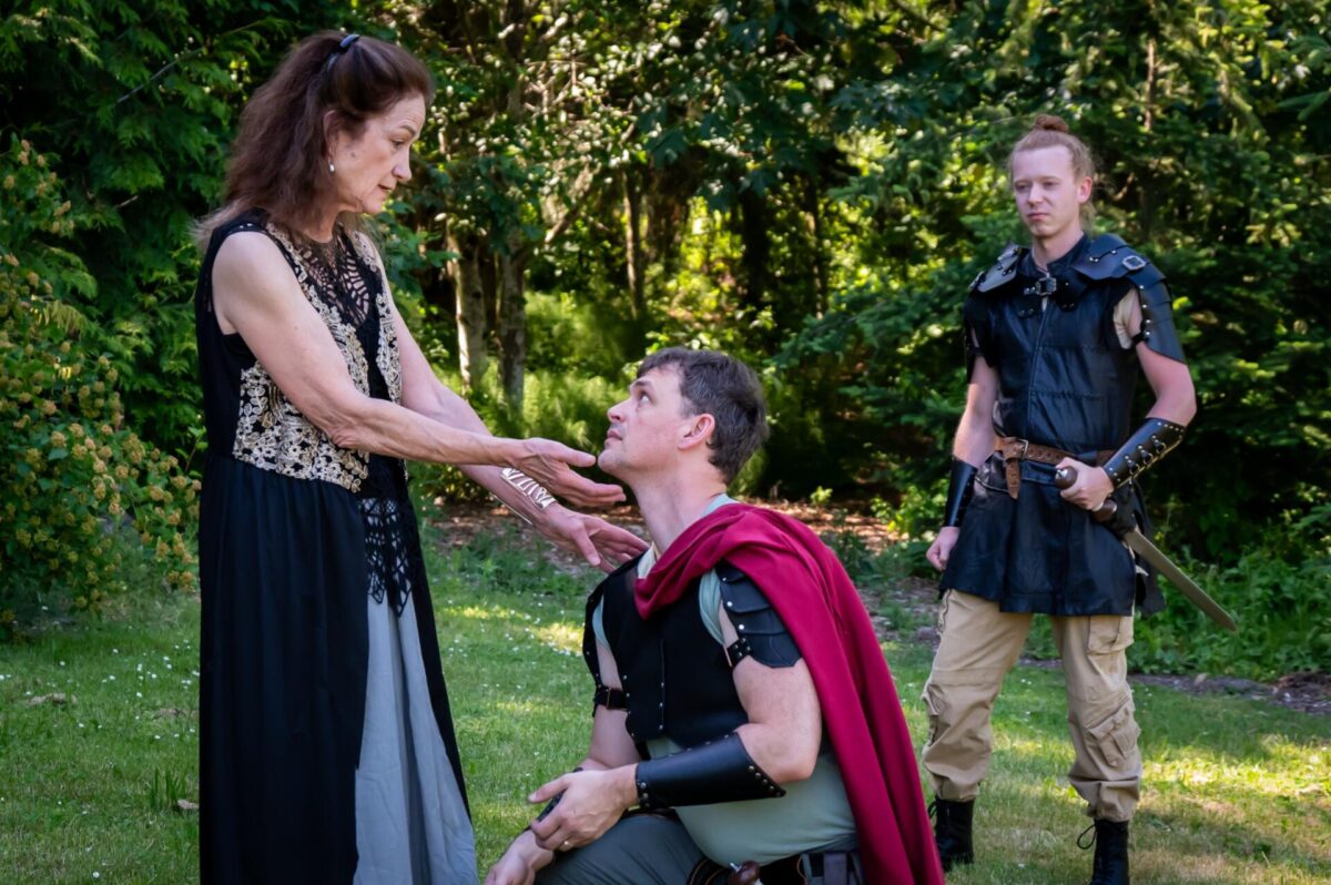 Mary Murfin Bayley as Volumnia, Phillip M. Meyer as Coriolanus, and Samuel Edgren as Aufidius. Photo by Ken Holmes.