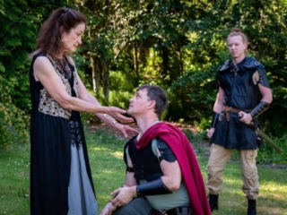 Mary Murfin Bayley as Volumnia, Phillip M. Meyer as Coriolanus, and Samuel Edgren as Aufidius. Photo by Ken Holmes.