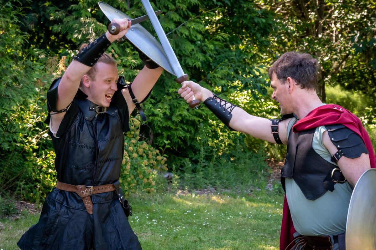 Samuel Edgren as Aufidius and Phillip M. Meyer as Coriolanus. Photo by Ken Holmes.
