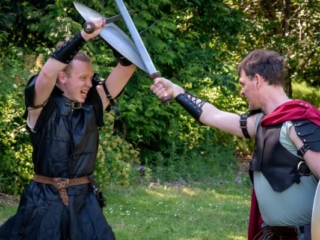 Samuel Edgren as Aufidius and Phillip M. Meyer as Coriolanus. Photo by Ken Holmes.