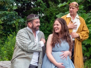 Dan Ruiz Salvatura as Polixenes, Olivia Ockey Goodwin as Hermione, and Daniel Wood as Leontes. Photo by Ken Holmes.